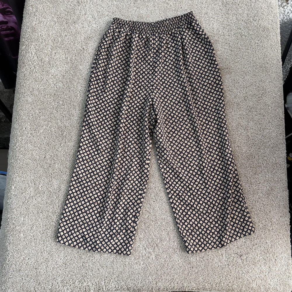 Vintage NIRA NIRA Pants Womens L Blue Crepe Cropped Elastic Waist Geometric